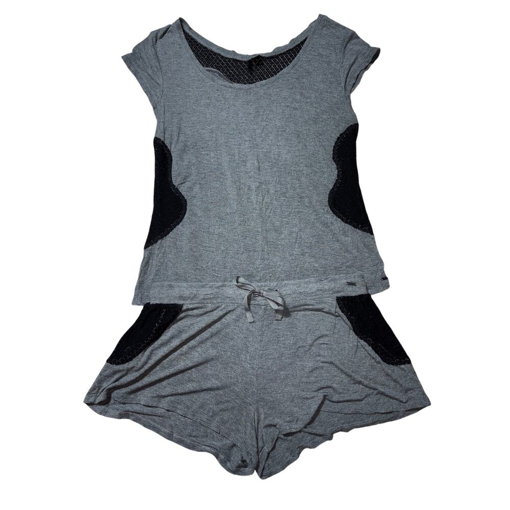 Kensie Womens L Dark Grey & Black Lace Lightweight Stretchy Pajama Set